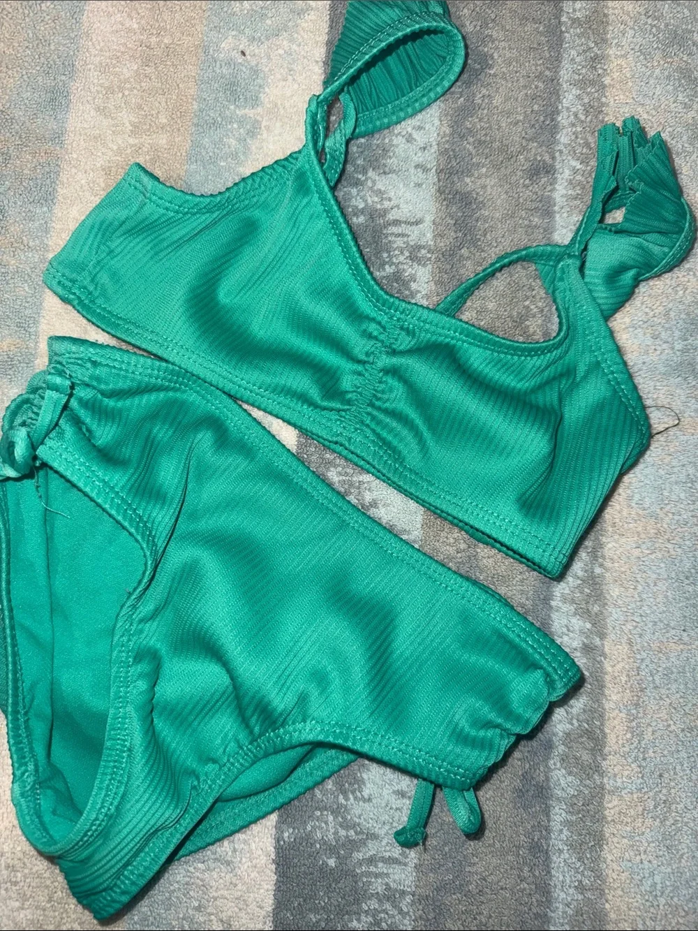 Girls Emerald Green Ribbed Two-Piece Bikini Swim Set